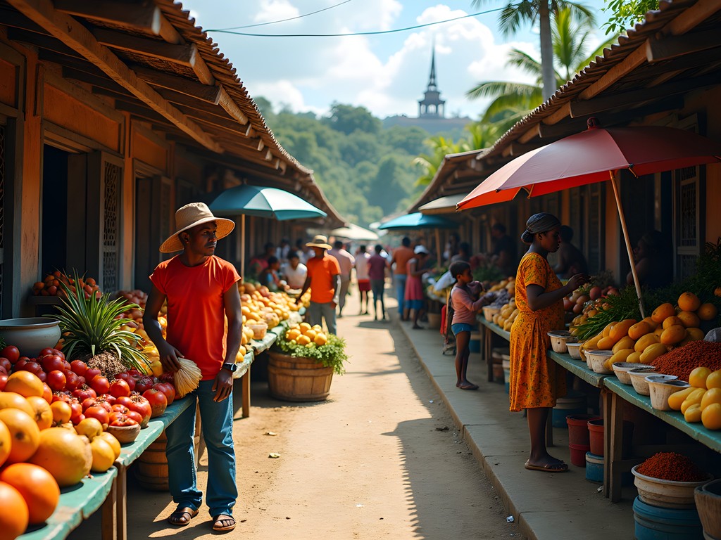 Vibrant local market in Kourou town with colorful produce and cultural diversity