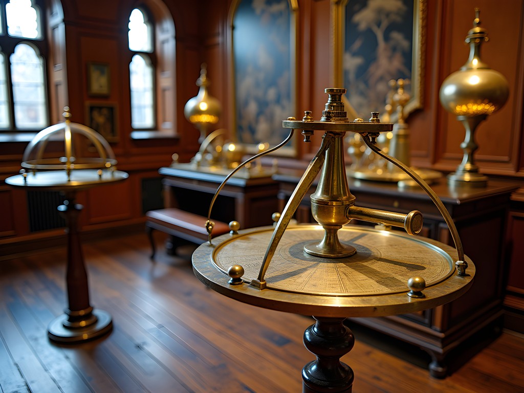 Historic astronomical instruments on display in Collegium Maius museum in Krakow