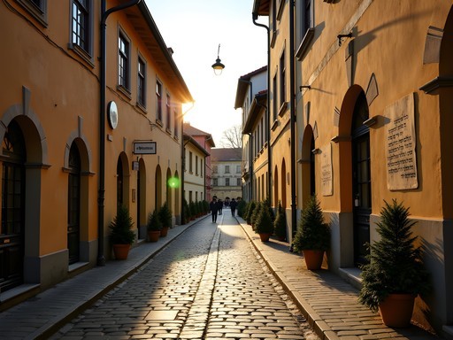 Quiet street in Kazimierz Jewish Quarter with historic buildings and Hebrew inscriptions