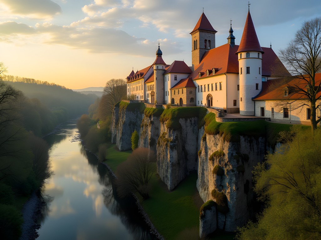Historic Tyniec Abbey perched on limestone cliffs above the Vistula River at sunset