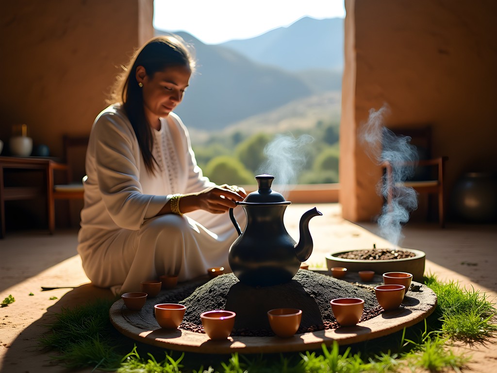 Traditional Ethiopian coffee ceremony with jebena pot and incense near Lalibela churches