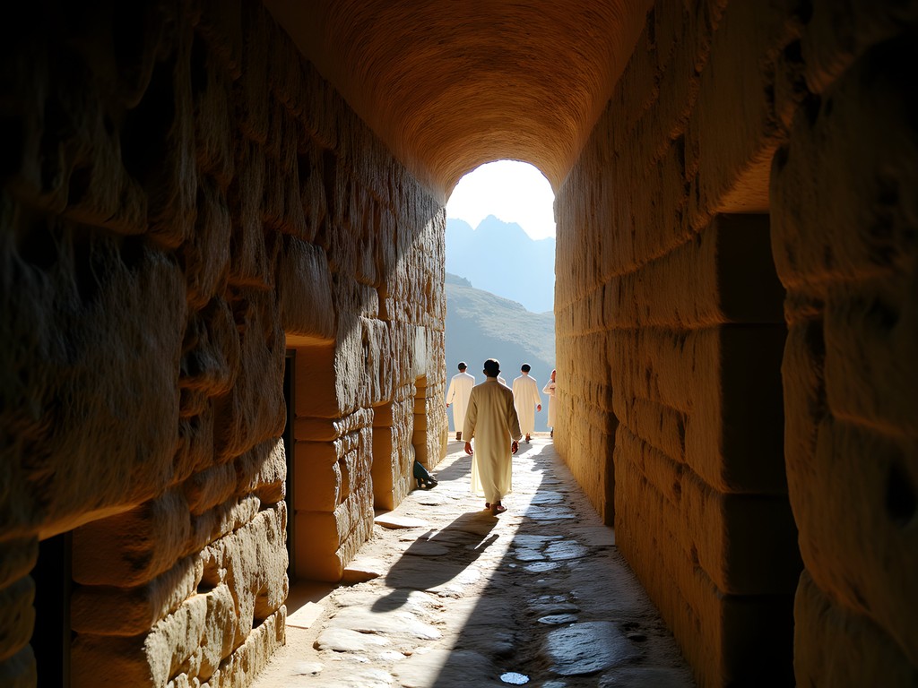 Narrow stone tunnel connecting Lalibela churches with pilgrims walking through dim light