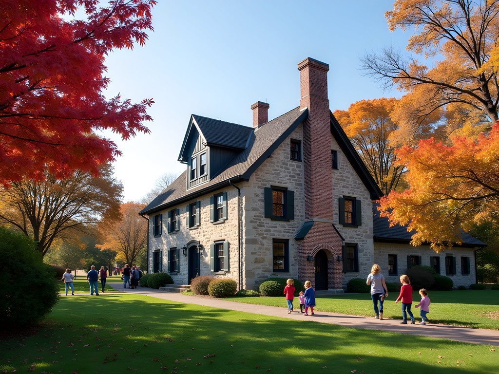 Historic 1719 Hans Herr House in Lancaster County with fall foliage and families exploring the grounds
