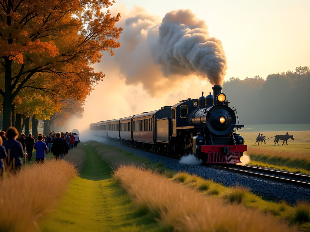 Historic Strasburg Railroad steam train passing through colorful autumn Amish countryside with families watching