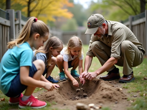 Families participating in fossil hunt at Dinosaur Park in Laurel Maryland during fall