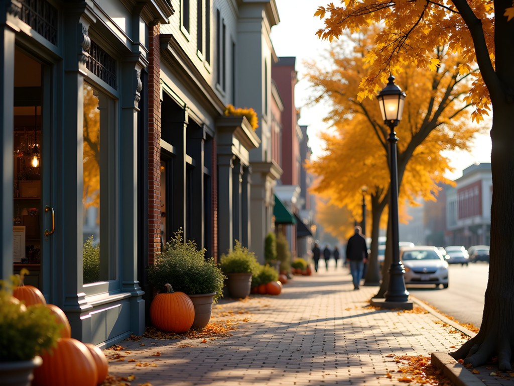 Historic Main Street in Laurel Maryland with fall decorations and preserved Victorian architecture