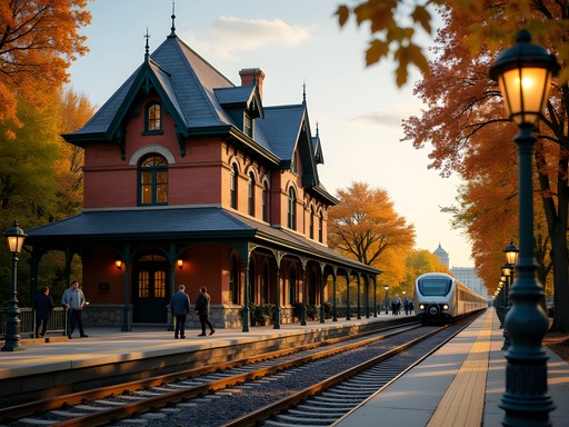 Historic Laurel Train Station with Victorian architecture surrounded by fall foliage in Maryland