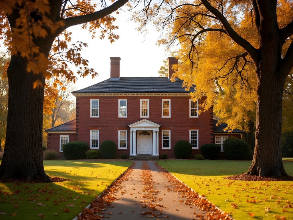 Historic Snow Hill Manor colonial building with fall colors in Laurel Maryland