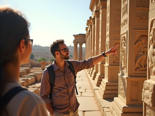 Local guide explaining architectural features at Leptis Magna to visitors