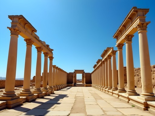 Massive columns of the Severan Forum at Leptis Magna against blue Mediterranean sky