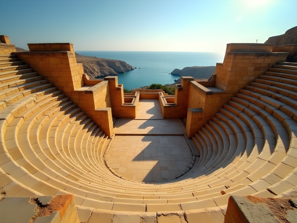 Ancient Roman theater at Leptis Magna overlooking the Mediterranean Sea