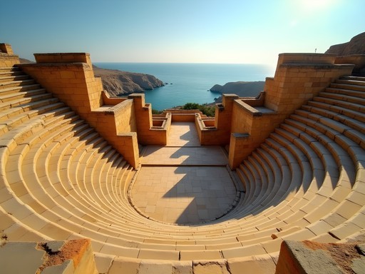 Ancient Roman theater at Leptis Magna overlooking the Mediterranean Sea