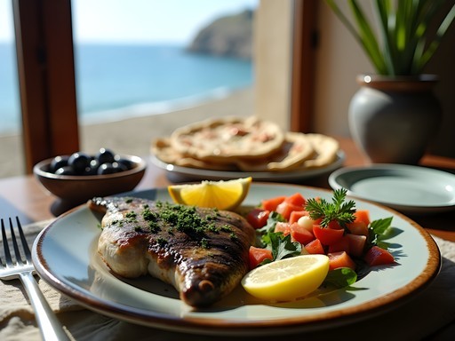 Traditional Libyan seafood meal served at coastal restaurant near Leptis Magna