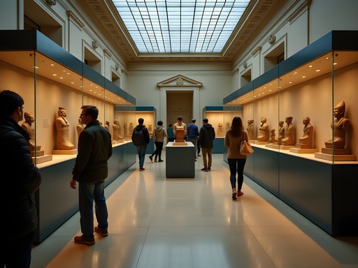Gallery of contested artifacts in the British Museum with visitors examining displays