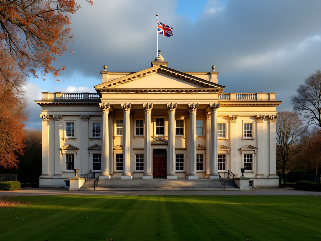 The imposing neoclassical façade of London's Imperial War Museum with Union Jack flags