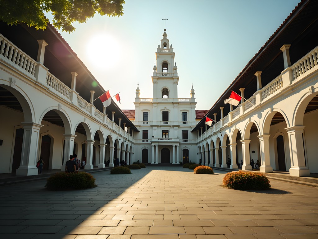 Colonial Dutch architecture in Jakarta's Fatahillah Square with Indonesian flags