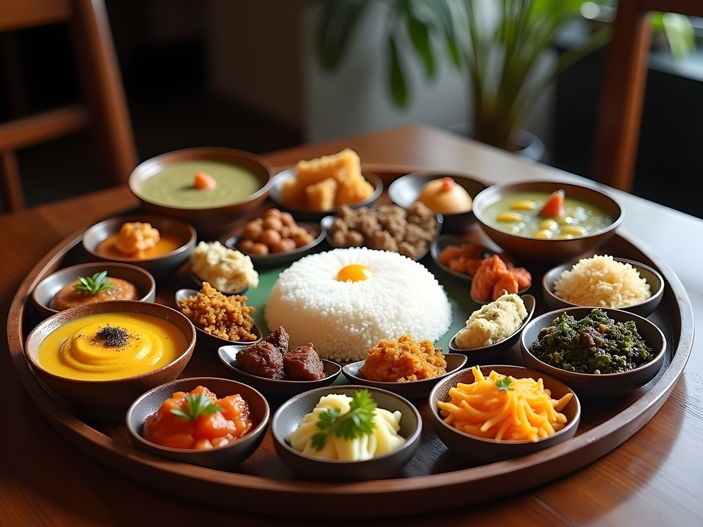 Traditional Indonesian rijsttafel feast showing dozens of small dishes arranged around rice