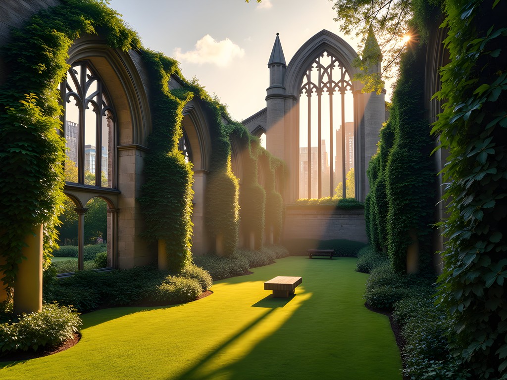 Ruins of St. Dunstan-in-the-East church garden with morning light