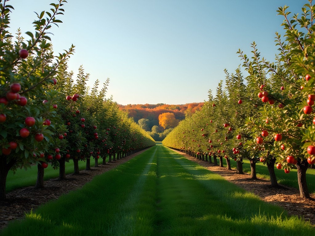 Historic apple orchard in Londonderry with trees full of ripe apples in autumn