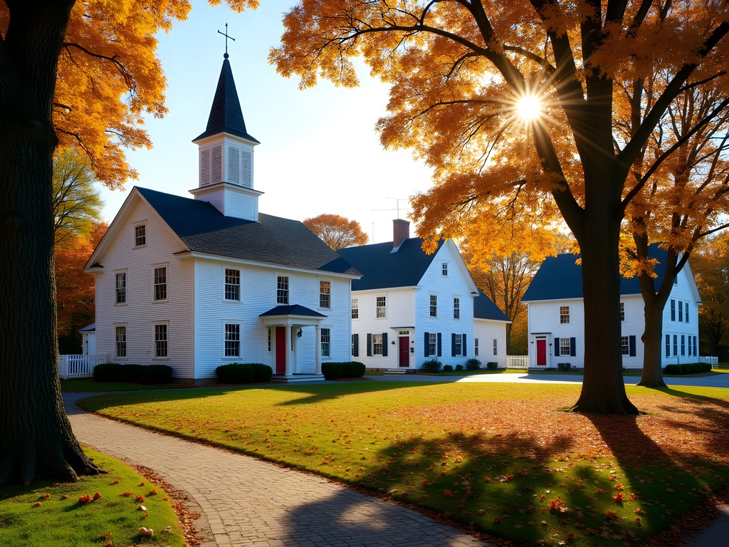 Historic buildings surrounding Londonderry town common in autumn