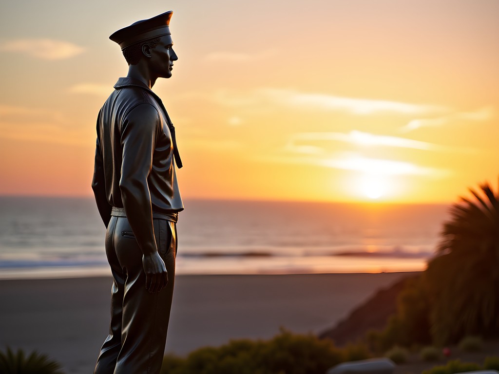 Lone Sailor statue at Long Beach Naval Memorial with Pacific Ocean backdrop