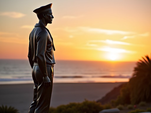 Lone Sailor statue at Long Beach Naval Memorial with Pacific Ocean backdrop