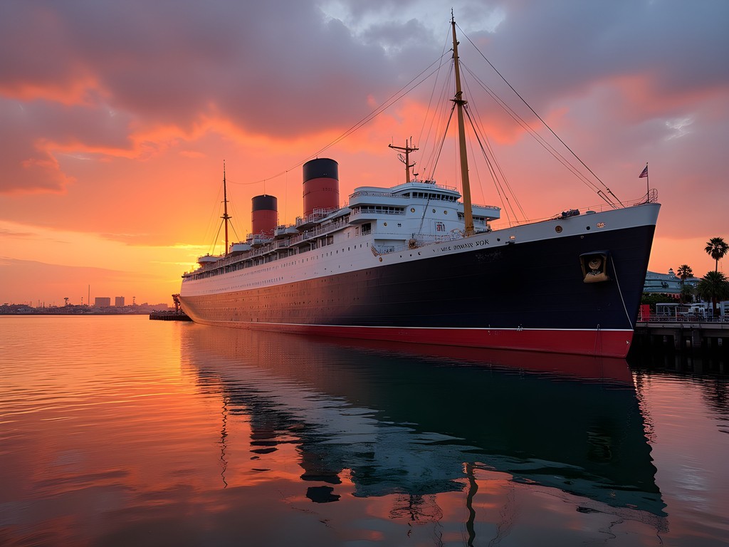 Historic Queen Mary ship docked in Long Beach harbor at sunset