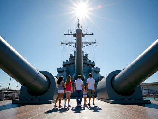 Family exploring the massive 16-inch guns on the USS Iowa battleship deck