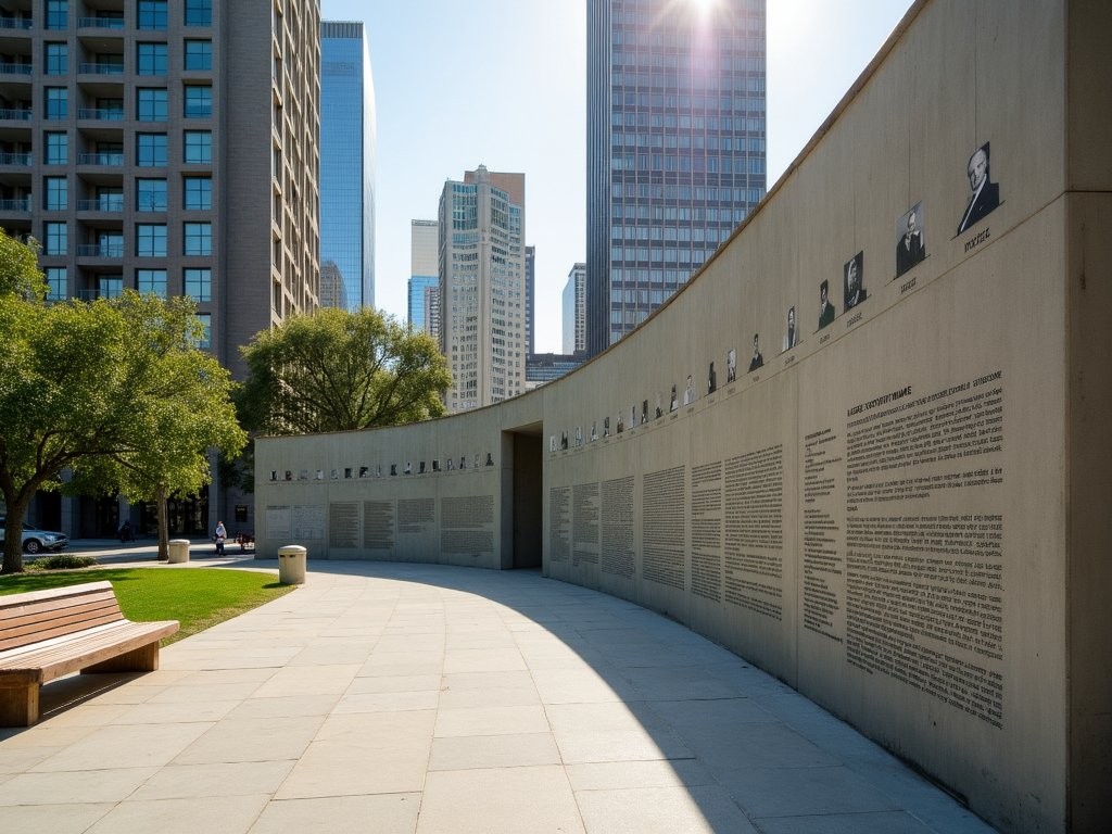 The timeline wall at Biddy Mason Memorial Park in downtown Los Angeles with skyscrapers in background