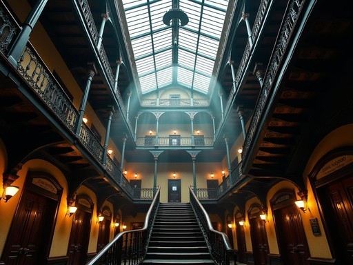 Sunlight streaming through the Bradbury Building's skylight illuminating ornate iron railings and staircases
