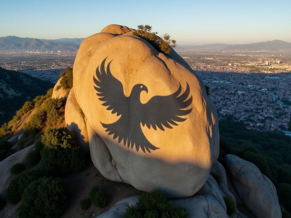 The Eagle Rock formation showing distinctive eagle-shaped shadow pattern against urban Los Angeles backdrop