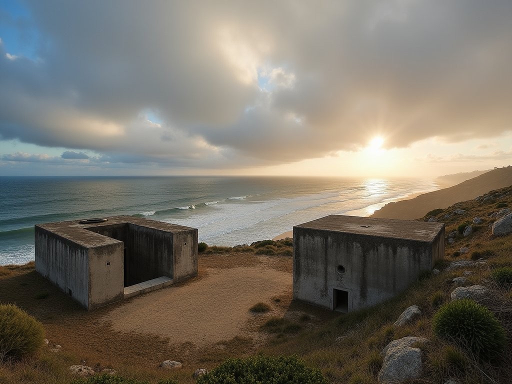 Historic concrete military bunkers overlooking the Pacific Ocean at Fort MacArthur