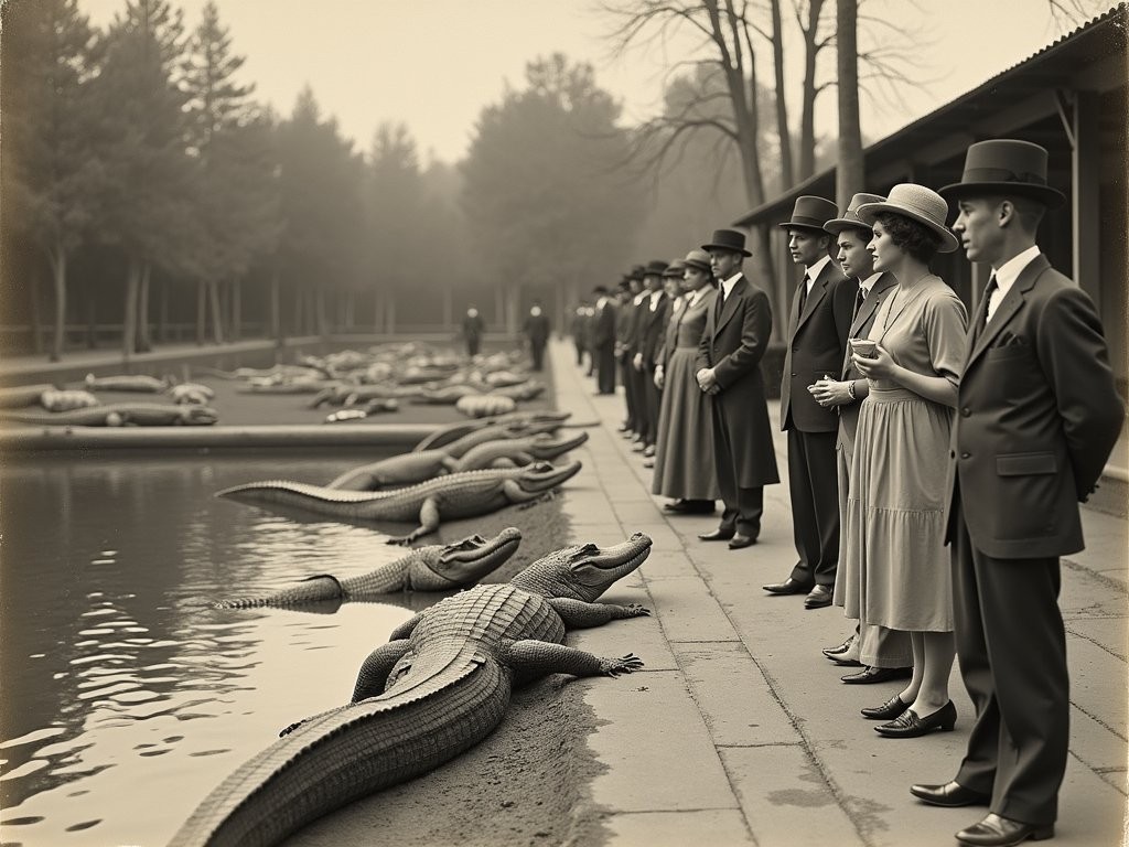 Historical black and white photograph of visitors at the Los Angeles Alligator Farm circa 1920