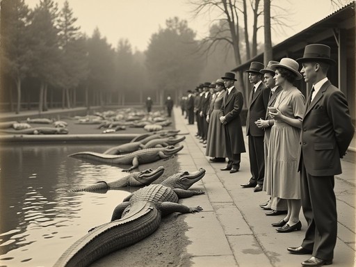 Historical black and white photograph of visitors at the Los Angeles Alligator Farm circa 1920