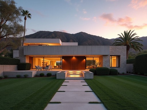 Frank Lloyd Wright's Hollyhock House illuminated at sunset with Hollywood Hills in background