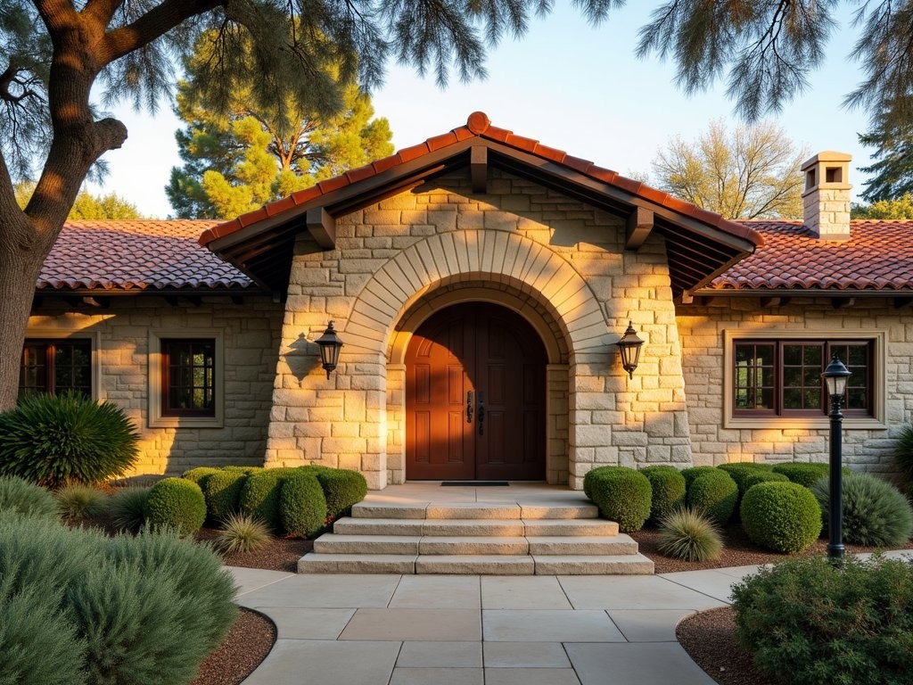 Rustic stone facade of Lummis House with arched doorway and native landscaping in Highland Park