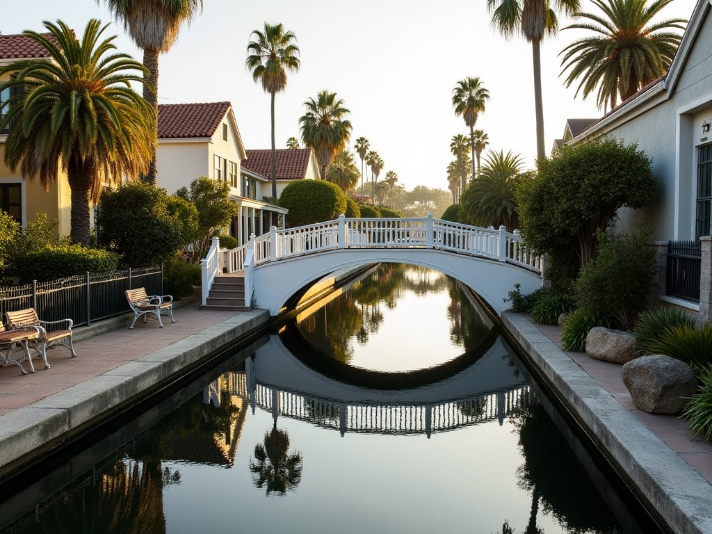Historic pedestrian bridges spanning the remaining Venice Canals with eclectic homes in background