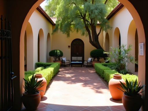 Peaceful courtyard garden at the historic Avila Adobe in Los Angeles