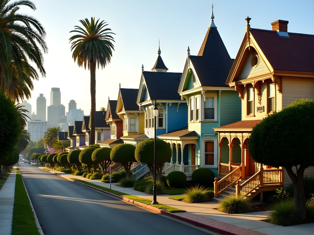 Row of colorful preserved Victorian homes on Carroll Avenue in Angeleno Heights, Los Angeles