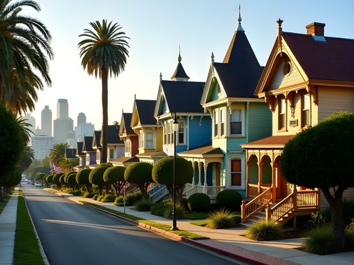 Row of colorful preserved Victorian homes on Carroll Avenue in Angeleno Heights, Los Angeles