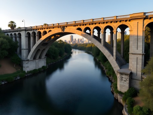 Historic 4th Street Bridge spanning the LA River with Gothic-inspired concrete arches