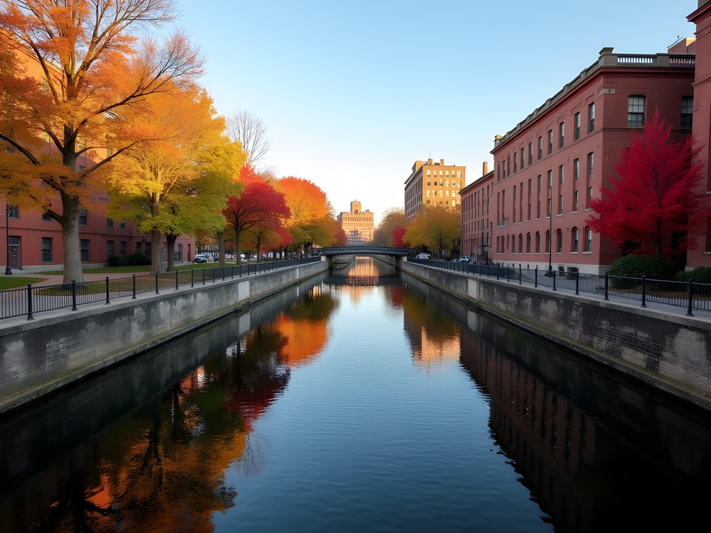 Lowell's historic canal system surrounded by fall foliage and brick mill buildings