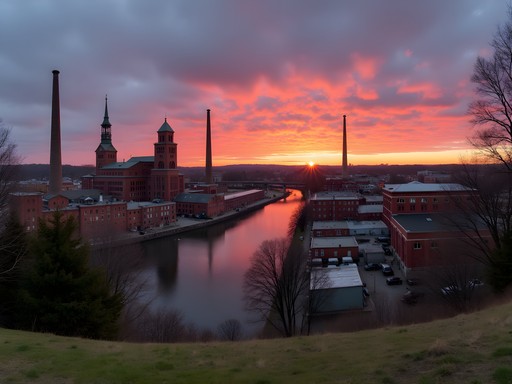 Sunset view of Lowell's mill district from Fort Hill Park