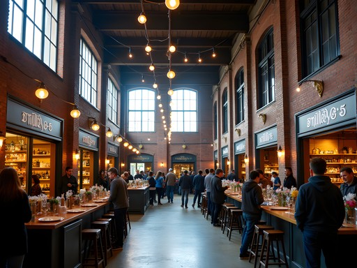 Interior of Mill No. 5 marketplace in Lowell showing shops and industrial architecture