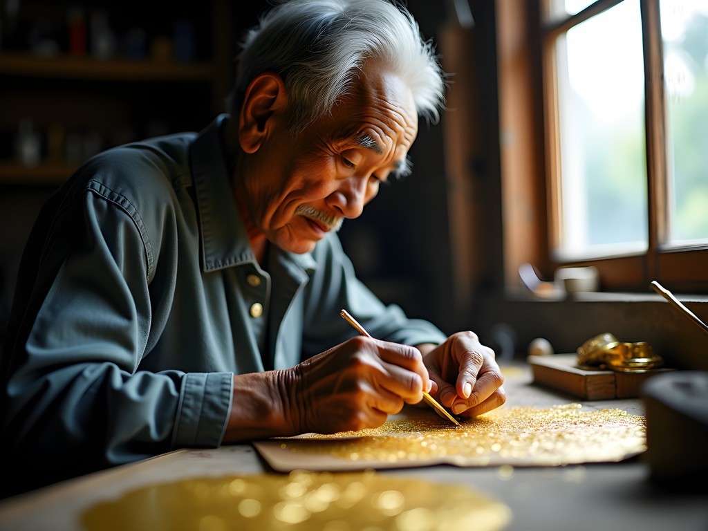 Traditional gold leaf artisan at work in Luang Prabang