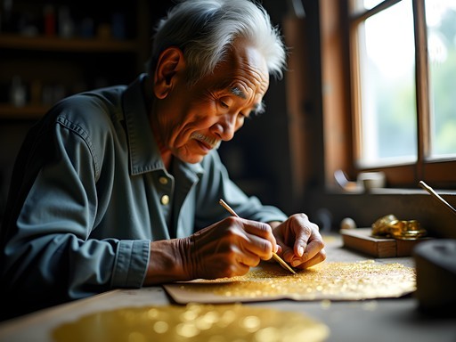 Traditional gold leaf artisan at work in Luang Prabang