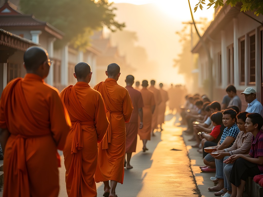 Buddhist monks collecting morning alms in Luang Prabang