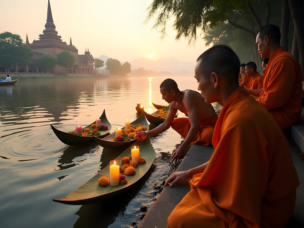 Traditional water ceremony at riverside temple in Luang Prabang