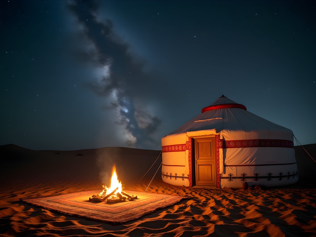 Desert camping experience near Ancient Merv with traditional yurt and starry night sky