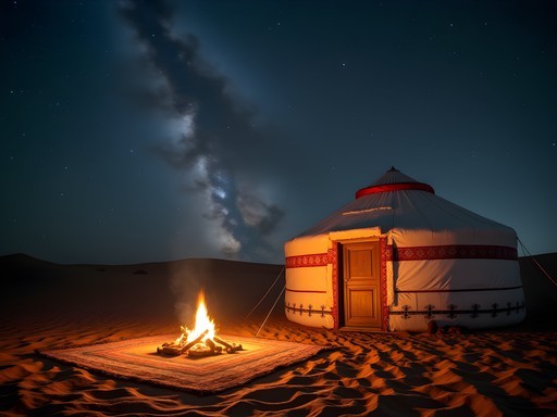 Desert camping experience near Ancient Merv with traditional yurt and starry night sky